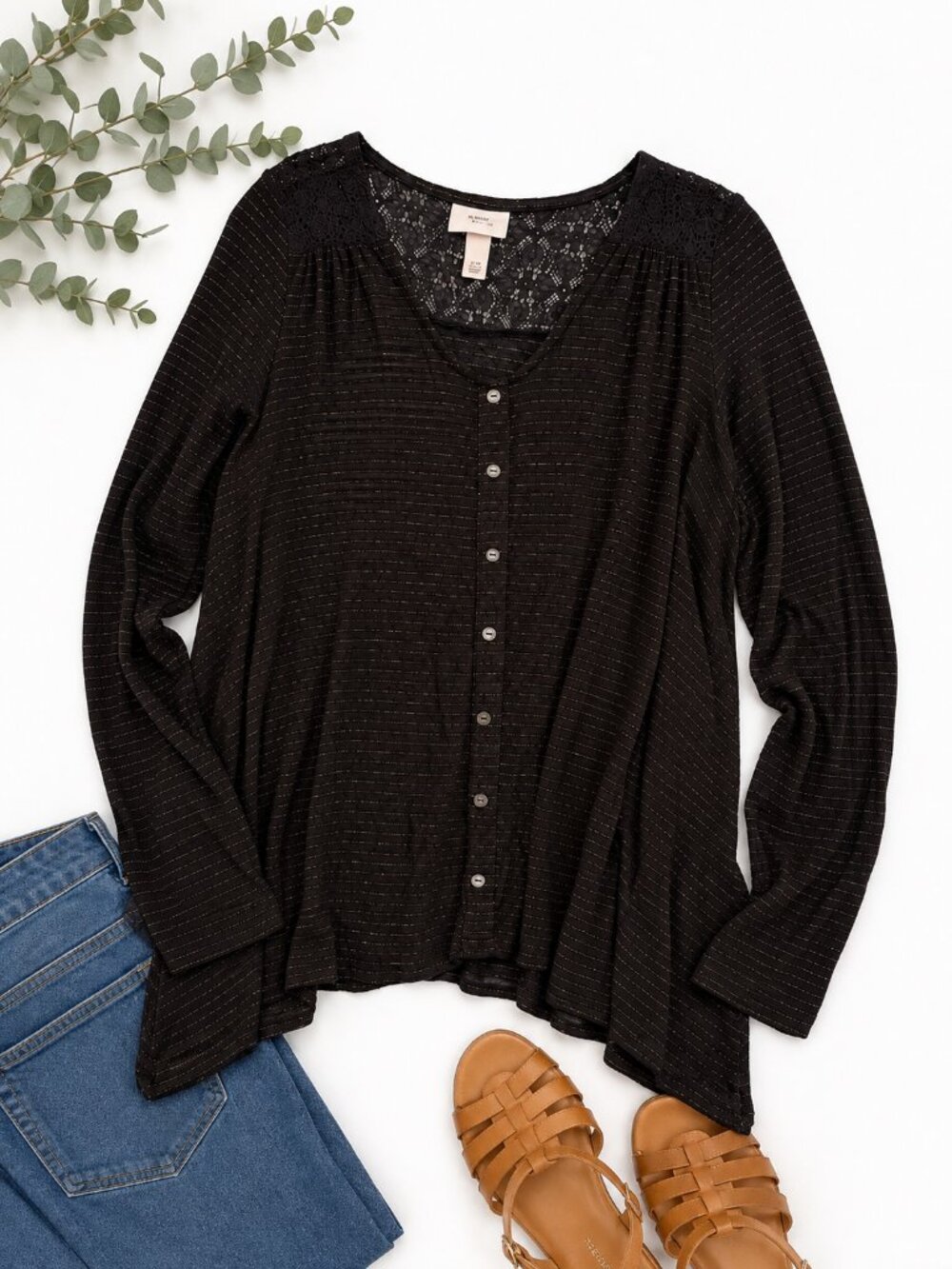 Knox Rose Black Metallic Stripe Lace Top Women’s XS Boho Button Front